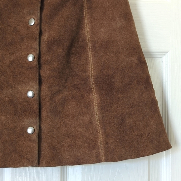 90's Vintage Suede Leather High Waisted A-Line Button Front Mini Skirt Brown S - Picture 5 of 8